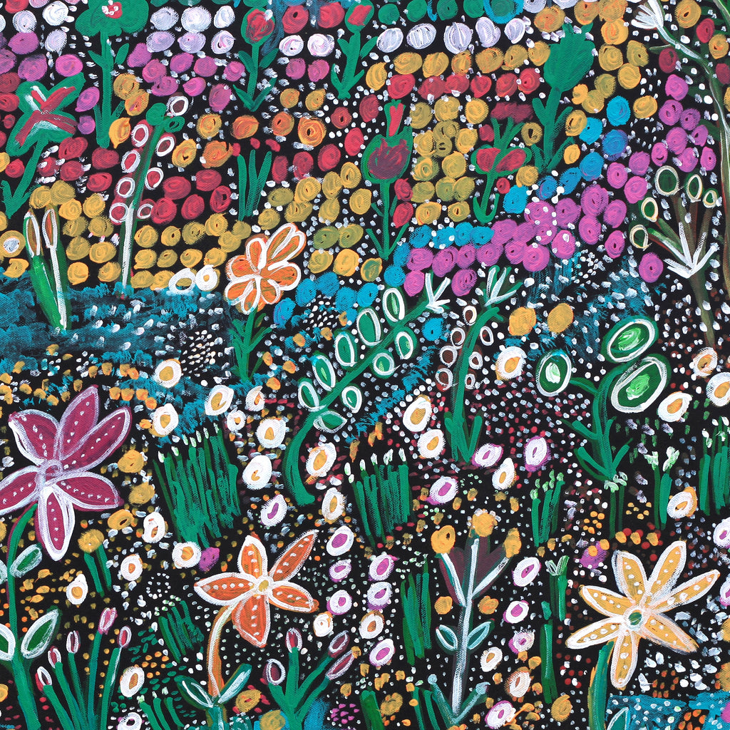 Aboriginal Artwork by Gwenneth Blitner, Long Billabong Flowers, 75x60cm