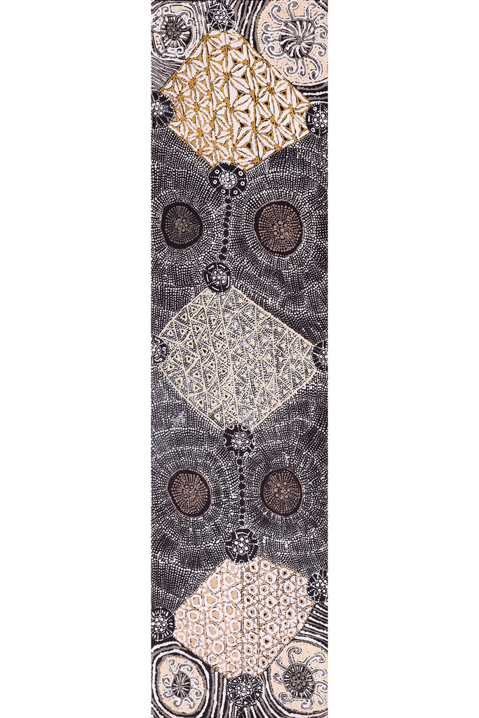 Aboriginal Artwork by Hilda Nakamarra Rogers, Lukarrara Jukurrpa (Desert Fringe-rush Seed Dreaming), 122x30cm