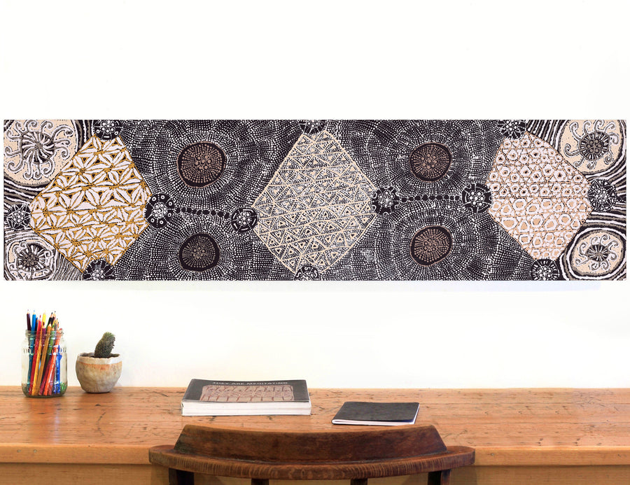 Aboriginal Artwork by Hilda Nakamarra Rogers, Lukarrara Jukurrpa (Desert Fringe-rush Seed Dreaming), 122x30cm