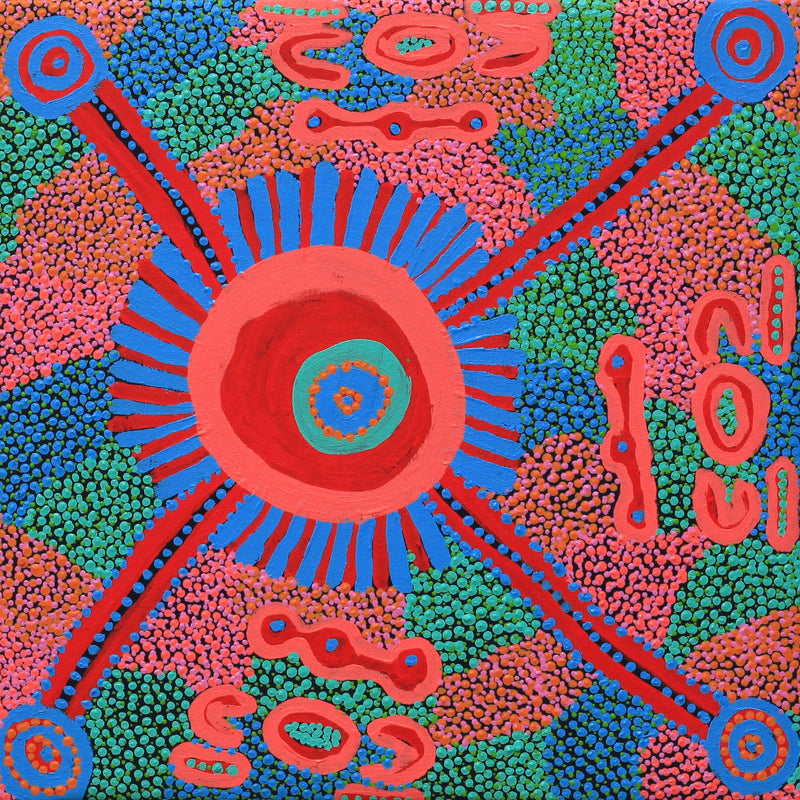 Aboriginal Artwork by Helen Nampijinpa Robertson, Ngapa Jukurrpa - Puyurru, 46x46cm