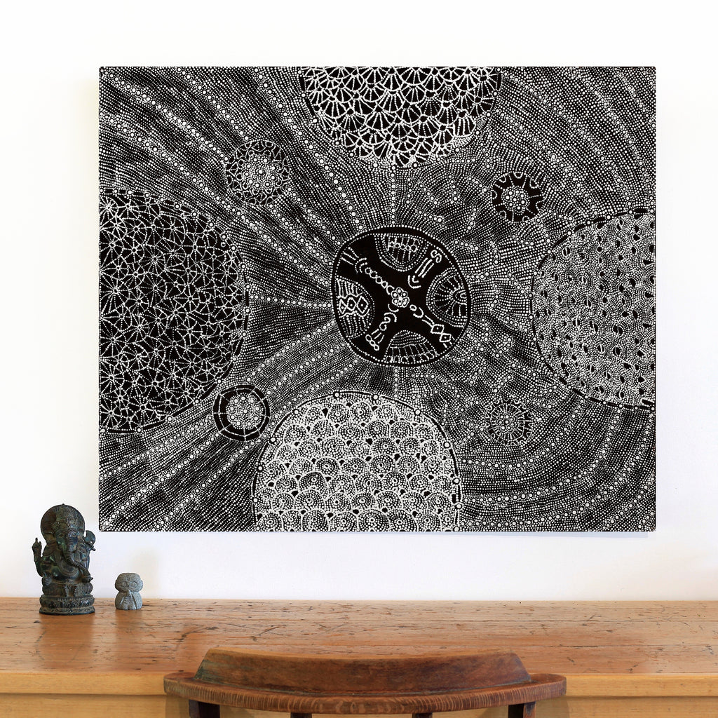 Aboriginal Artwork by Hilda Nakamarra Rogers, Lukarrara Jukurrpa, 107x91cm