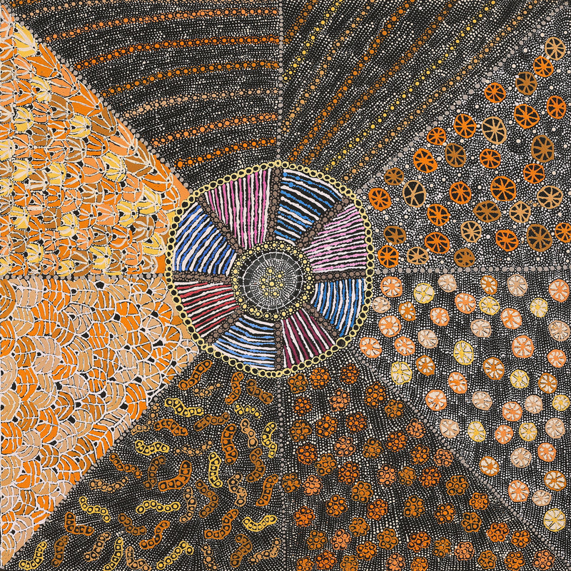 Aboriginal Artwork by Hilda Nakamarra Rogers, Lukarrara Jukurrpa (Desert Fringe-rush Seed Dreaming), 91x91cm