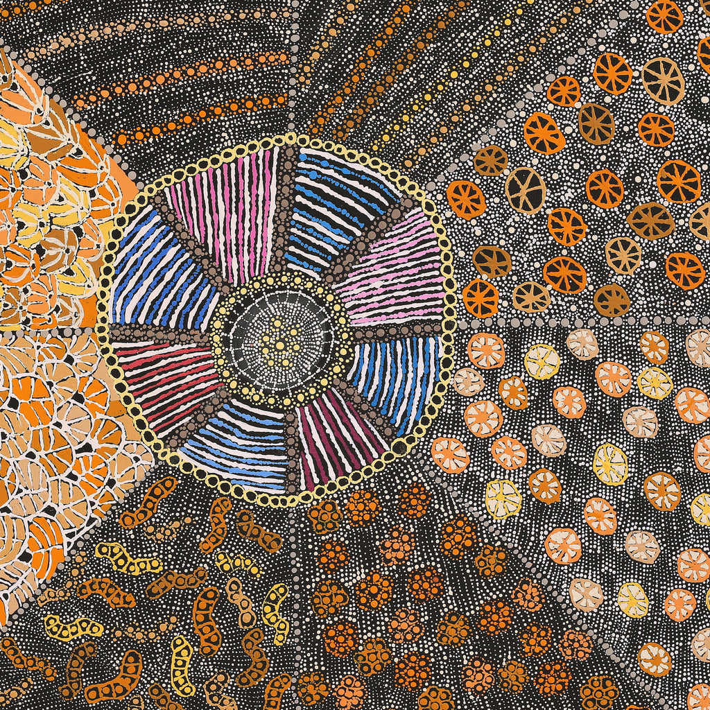Aboriginal Artwork by Hilda Nakamarra Rogers, Lukarrara Jukurrpa (Desert Fringe-rush Seed Dreaming), 91x91cm