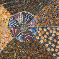 Aboriginal Artwork by Hilda Nakamarra Rogers, Lukarrara Jukurrpa (Desert Fringe-rush Seed Dreaming), 91x91cm