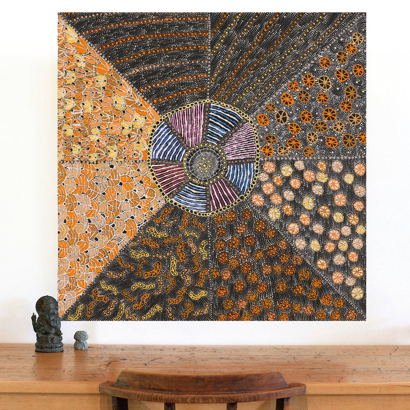 Aboriginal Artwork by Hilda Nakamarra Rogers, Lukarrara Jukurrpa (Desert Fringe-rush Seed Dreaming), 91x91cm