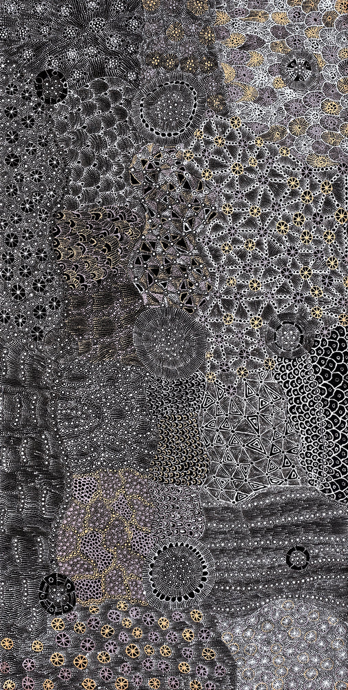 Aboriginal Artwork by Hilda Nakamarra Rogers, Lukarrara Jukurrpa, 182x91cm