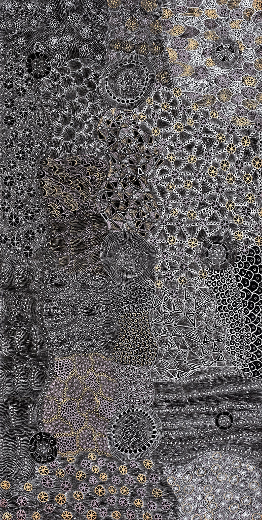 Aboriginal Artwork by Hilda Nakamarra Rogers, Lukarrara Jukurrpa, 182x91cm