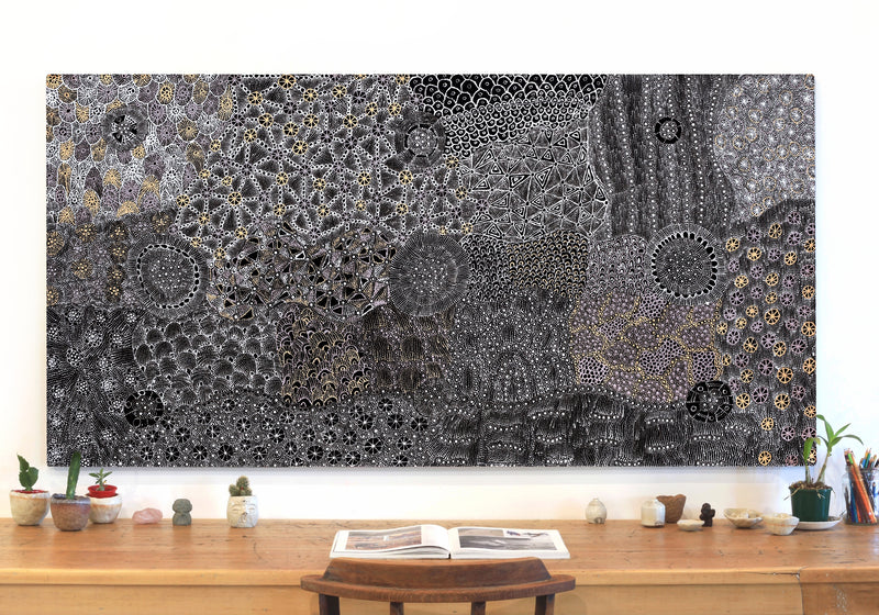 Aboriginal Artwork by Hilda Nakamarra Rogers, Lukarrara Jukurrpa, 182x91cm