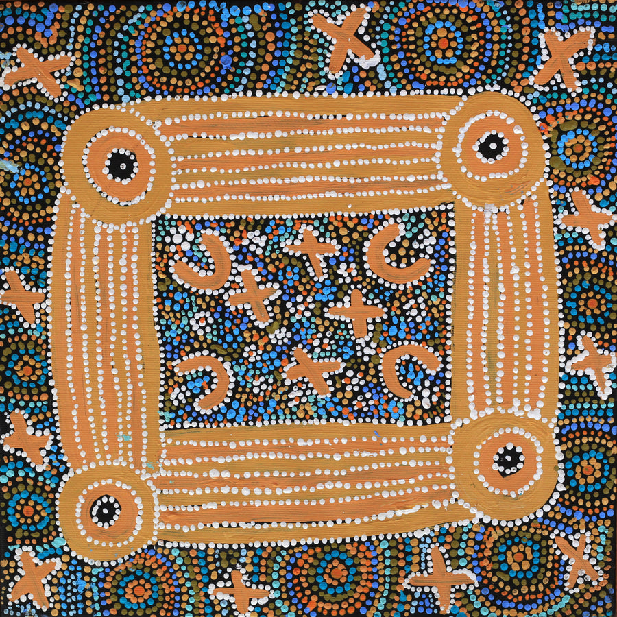 Aboriginal Artwork by Dora Napaljarri Kitson, Ngatijirri Jukurrpa (Budgerigar Dreaming), 30x30cm