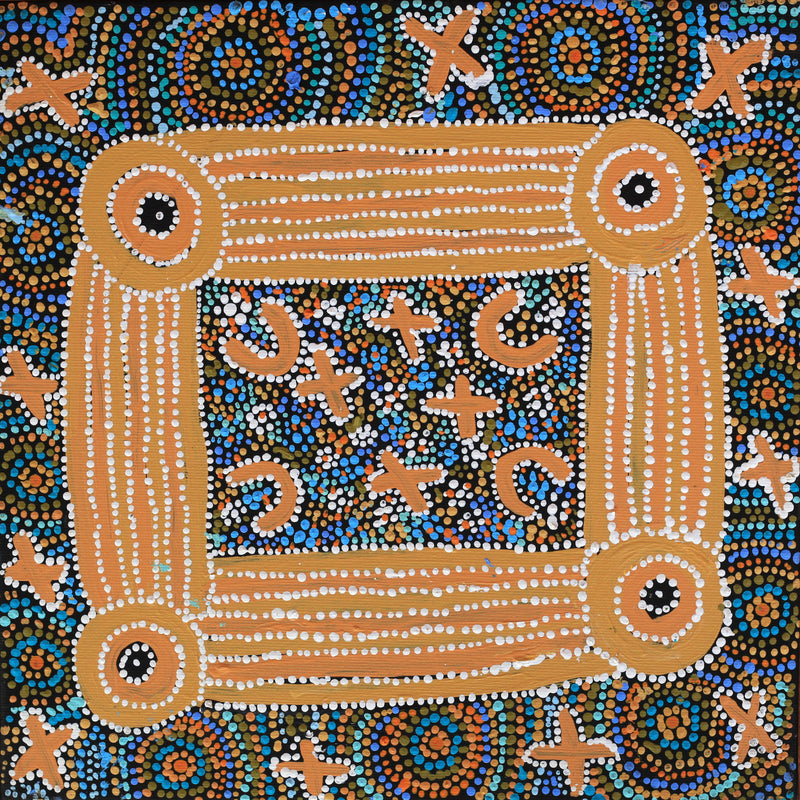 Aboriginal Artwork by Dora Napaljarri Kitson, Ngatijirri Jukurrpa (Budgerigar Dreaming), 30x30cm