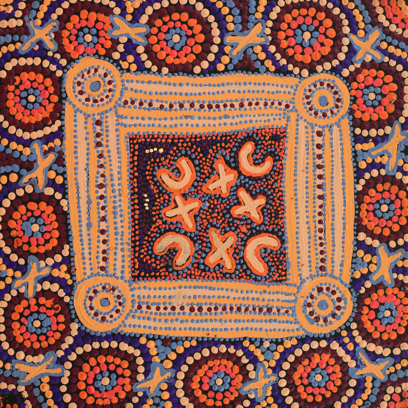 Aboriginal Artwork by Dora Napaljarri Kitson, Ngatijirri Jukurrpa (Budgerigar Dreaming), 30x30cm