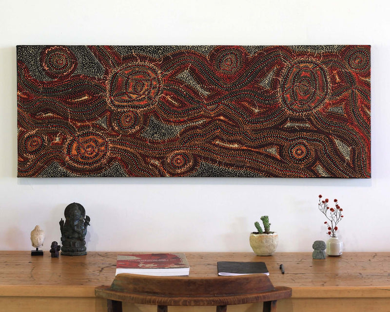 Aboriginal Artwork by Angelina Nampijinpa Tasman, Ngapa Jukurrpa (Water Dreaming) - Pirlinyarnu, 122x46cm