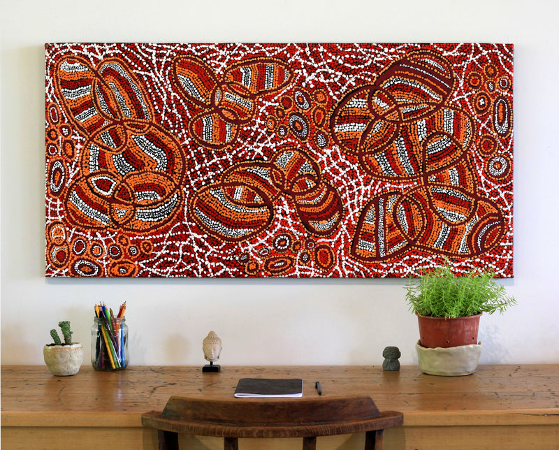 Aboriginal Artwork by Ormay Nangala Gallagher, Ngapa Jukurrpa (Water Dreaming) - Mikanji, 122x61cm