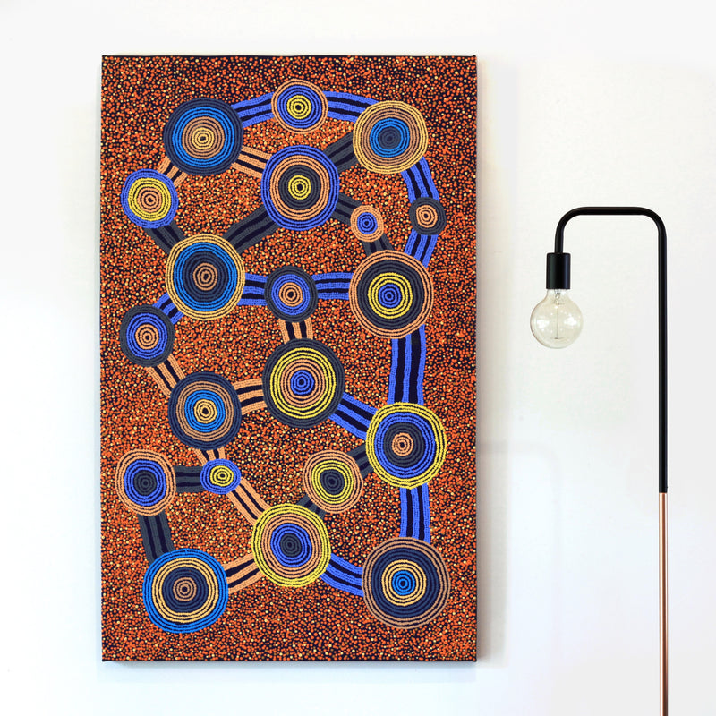Aboriginal Artwork by Teddy Jakamarra Gibson, Wirnpa Jukurrpa (Lightning Dreaming), 122x76cm