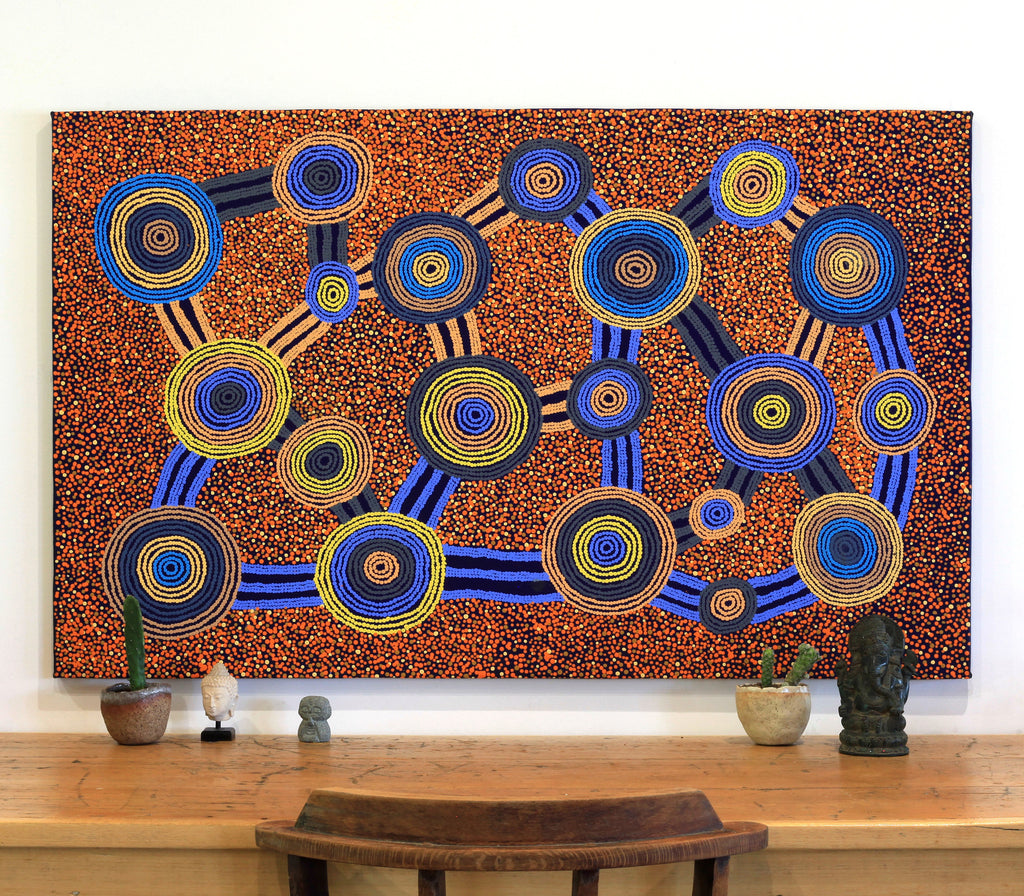 Aboriginal Artwork by Teddy Jakamarra Gibson, Wirnpa Jukurrpa (Lightning Dreaming), 122x76cm