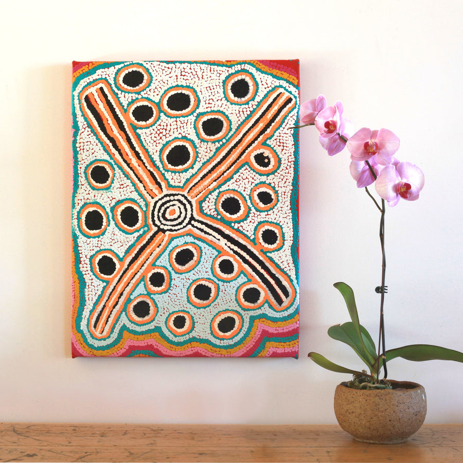 Aboriginal Artwork by Long Maggie Nakamarra White, Yinirnti Jukurrpa (Bean Tree Dreaming), 61x46cm
