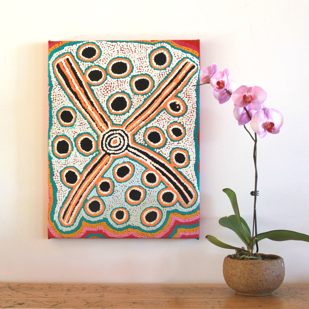 Aboriginal Artwork by Long Maggie Nakamarra White, Yinirnti Jukurrpa (Bean Tree Dreaming), 61x46cm - ART ARK®