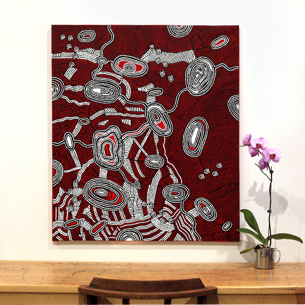 Aboriginal Artwork by Janelle Napurrurla Wilson, Janganpa Jukurrpa (Brush-tail Possum Dreaming)- Mawurrji, 107x91cm