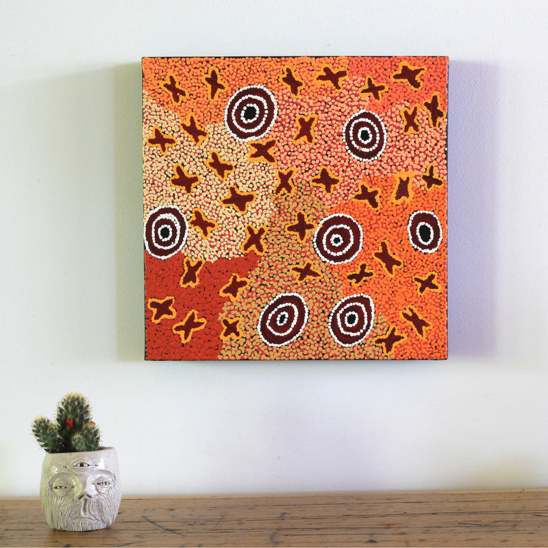 Aboriginal Artwork by Ruth Napaljarri Stewart, Ngatijirri Jukurrpa (Budgerigar Dreaming), 30x30cm