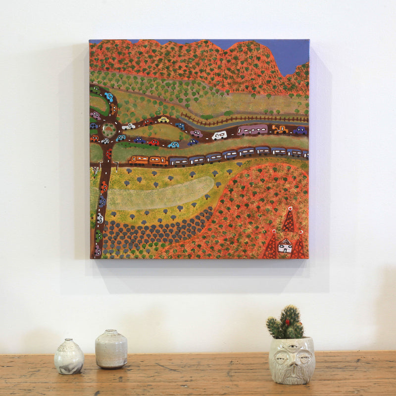 Aboriginal Artwork by Rhonda Napanangka, Ghan coming to Alice Springs, 40x40cm