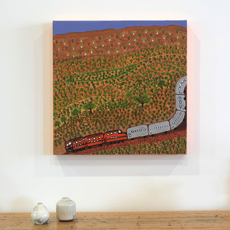 Aboriginal Artwork by Rhonda Napanangka, The Ghan going to Darwin, 40x40cm