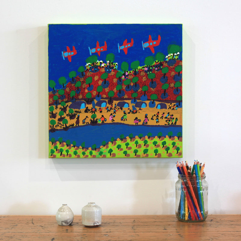 Aboriginal Artwork by Grace Robinya, Watching Aeroplanes, 40x40cm