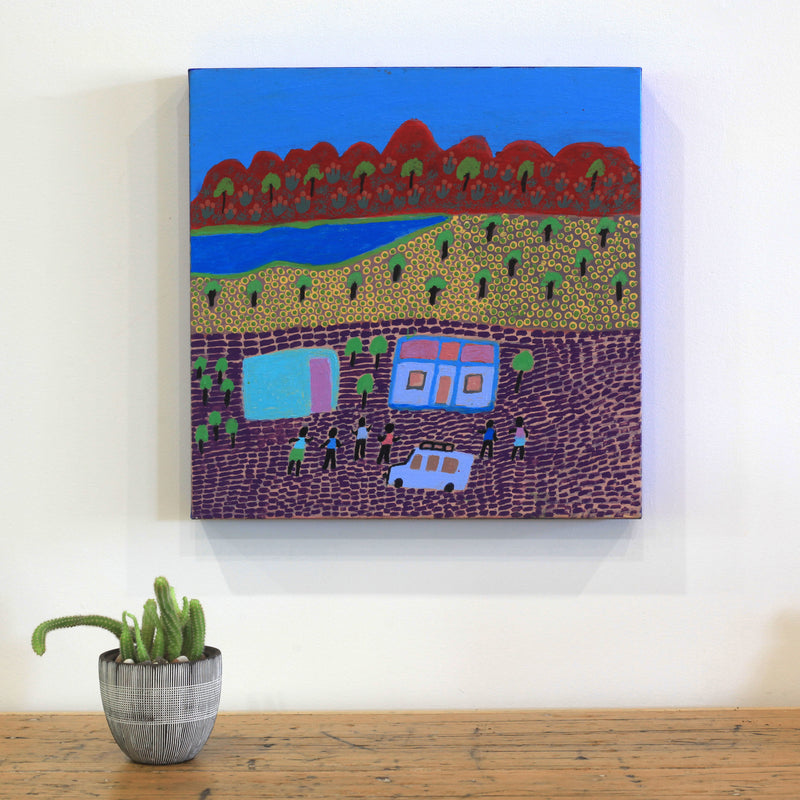 Aboriginal Artwork by Elizabeth Nampitjinpa, Going for a ride out west, 40x40cm