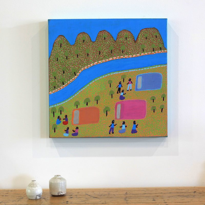 Aboriginal Artwork by Elizabeth Nampitjinpa, Camping out bush, 40x40cm