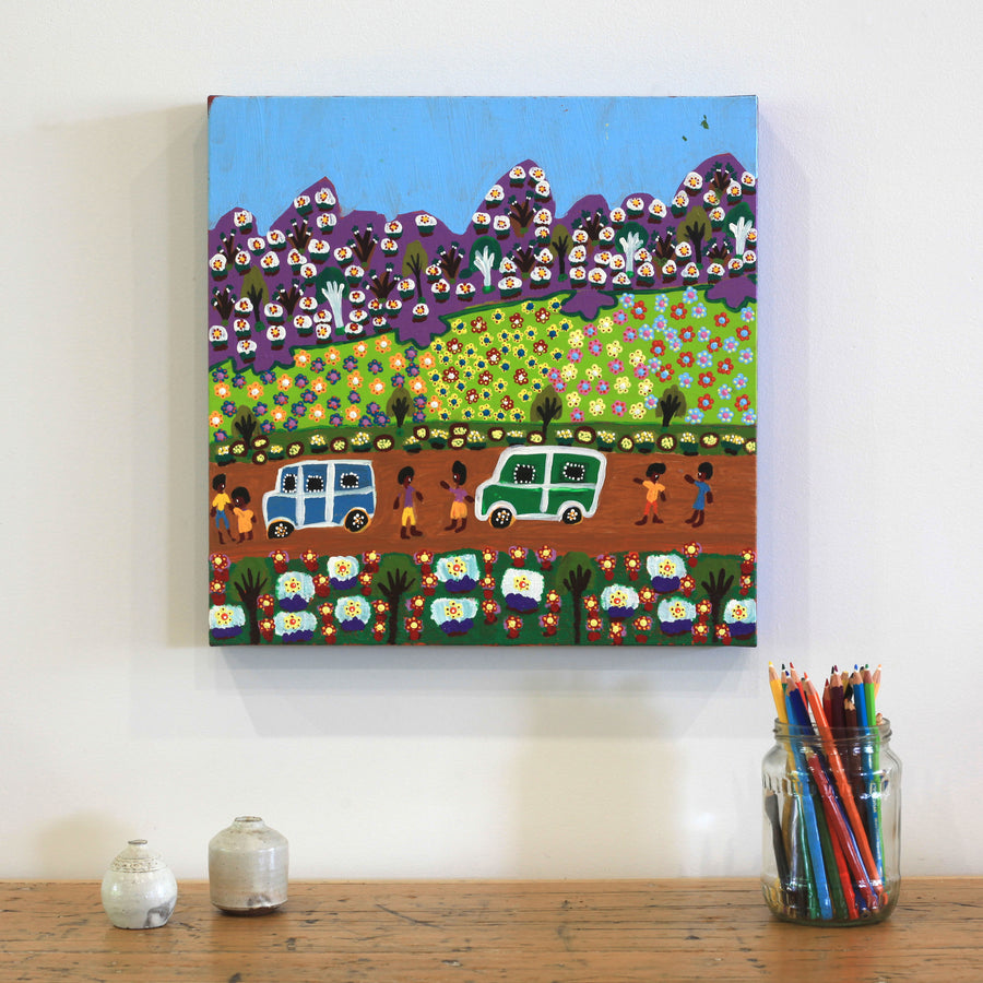 Aboriginal Artwork by Margaret Boko, Going to school in a toyota, 40x40cm
