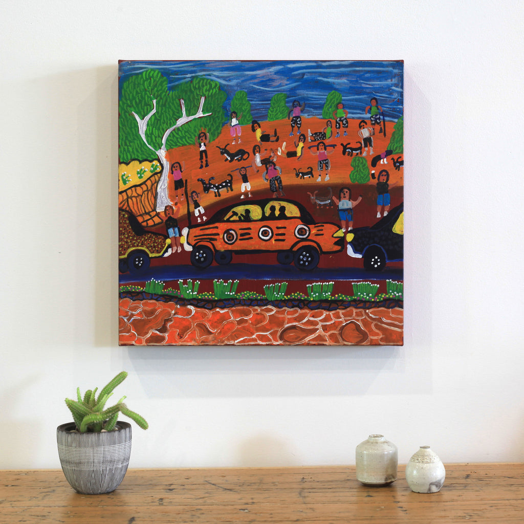 Aboriginal Artwork by Doris Thomas, Travelling around Titjikala, 40x40cm
