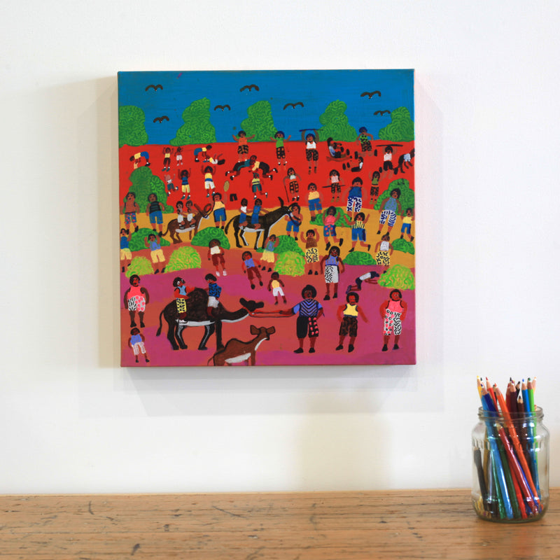 Aboriginal Artwork by Doris Thomas, Camels and Donkeys, 40x40cm