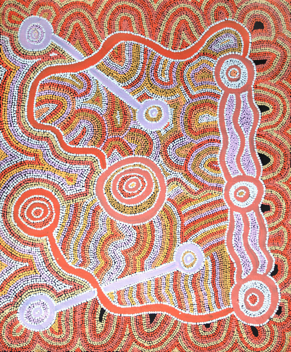 Aboriginal Art by Priscilla Nangala Robertson,  Ngapa Jukurrpa (Water Dreaming)  -  Puyurru, 91x76cm - ART ARK®