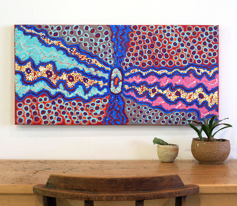 Aboriginal Artwork by Vistaria Nakamarra Ross, Ngurlu Jukurrpa (Native Seed Dreaming), 91x46cm