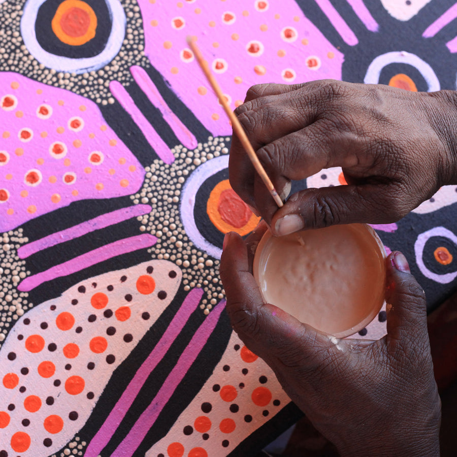 Aboriginal Artwork by Jennifer Napaljarri Lewis, Lukarrara Jukurrpa, 122x46cm