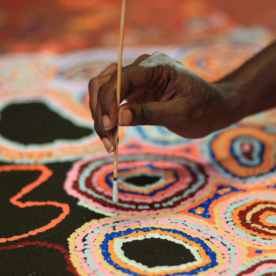 Aboriginal Artwork by Sarah Napaljarri Sims, Pikilyi Jukurrpa (Vaughan Springs Dreaming), 122x122cm