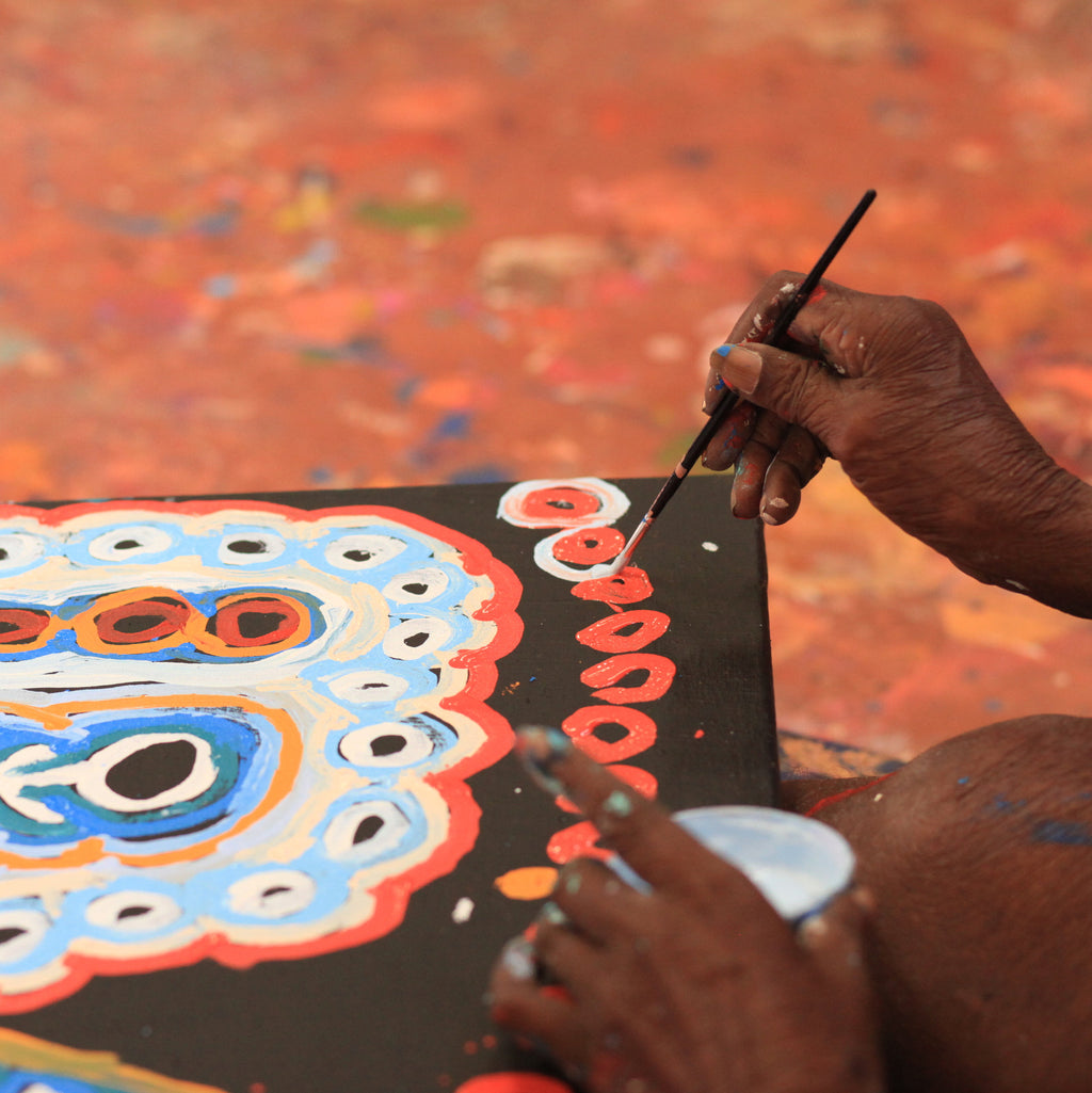 Aboriginal Artwork by Murdie Nampijinpa Morris, Malikijarra Jukurrpa, 91x91cm
