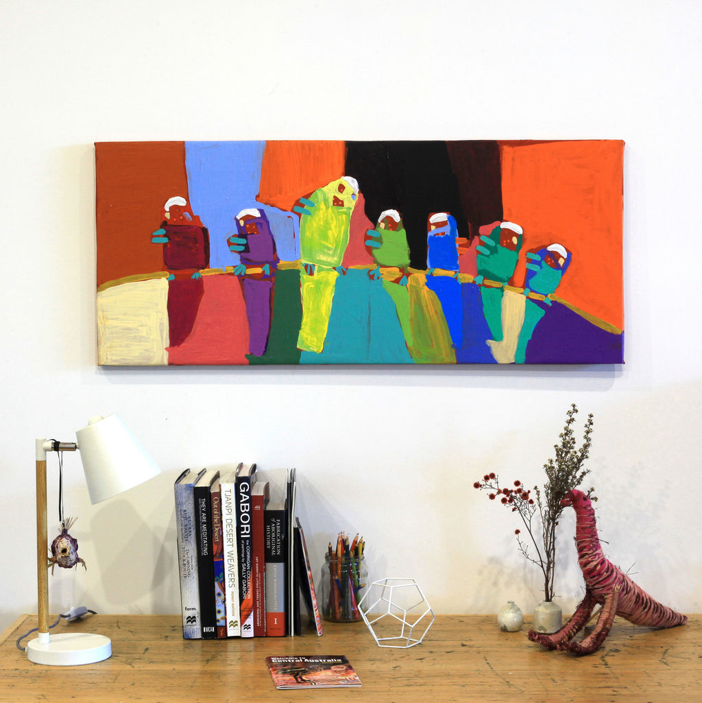 Aboriginal Artwork by Karen Napaljarri Barnes, Jurlpu kuja kalu nyinami Yurntumu-wana, 107x46cm