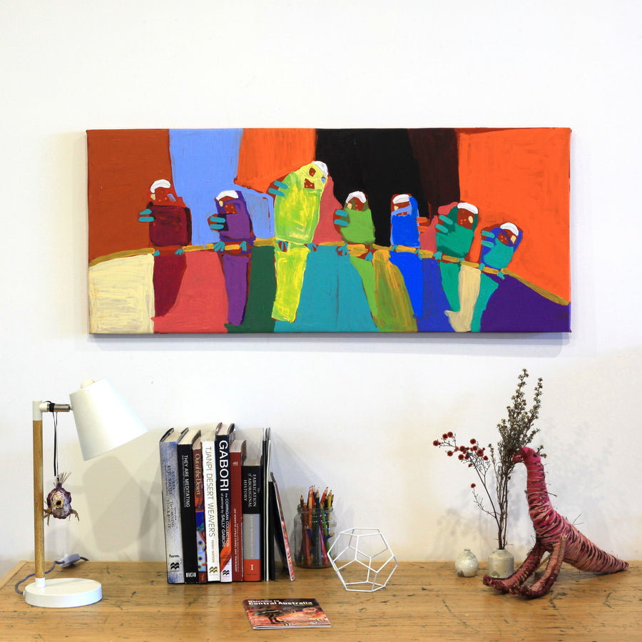 Aboriginal Artwork by Karen Napaljarri Barnes, Jurlpu kuja kalu nyinami Yurntumu-wana, 107x46cm