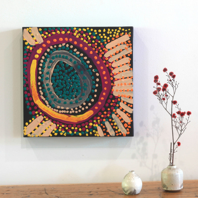 Aboriginal Artwork by Shorty Jangala Robertson, Ngapa Jukurrpa (Water Dreaming) - Puyurru, 30x30cm