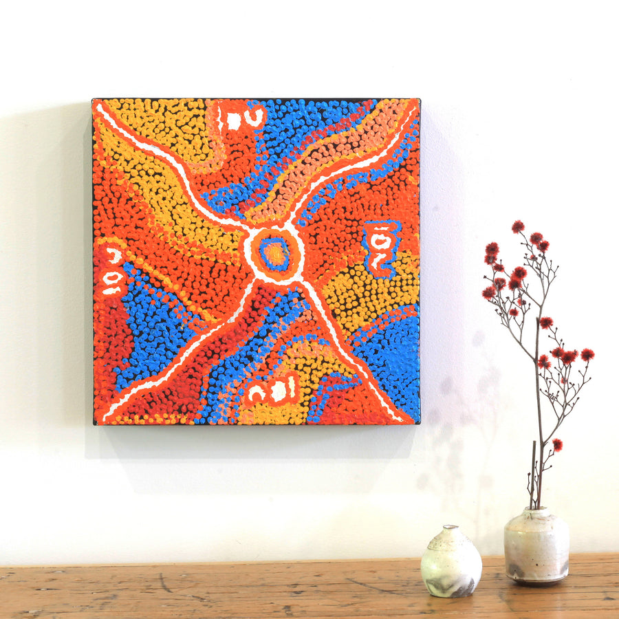 Aboriginal Artwork by Sheree Napurrurla Wayne, Karnta Jukurrpa Lukarrara Jukurrpa (Desert Fringe-rush Seed Dreaming), 30x30cm