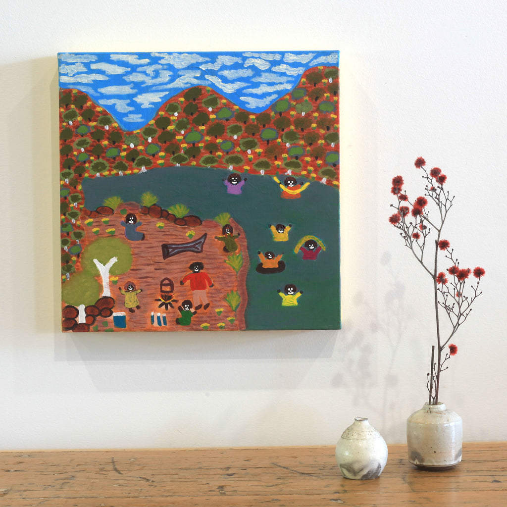 Aboriginal Artwork by Rhonda Napanangka, Picnic out Bush at Twenty Mile, 30x30cm