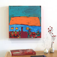Aboriginal Artwork by Sally M Mulda, Abbott's Camp - all the kungkas sitting around the fire, 40x40cm