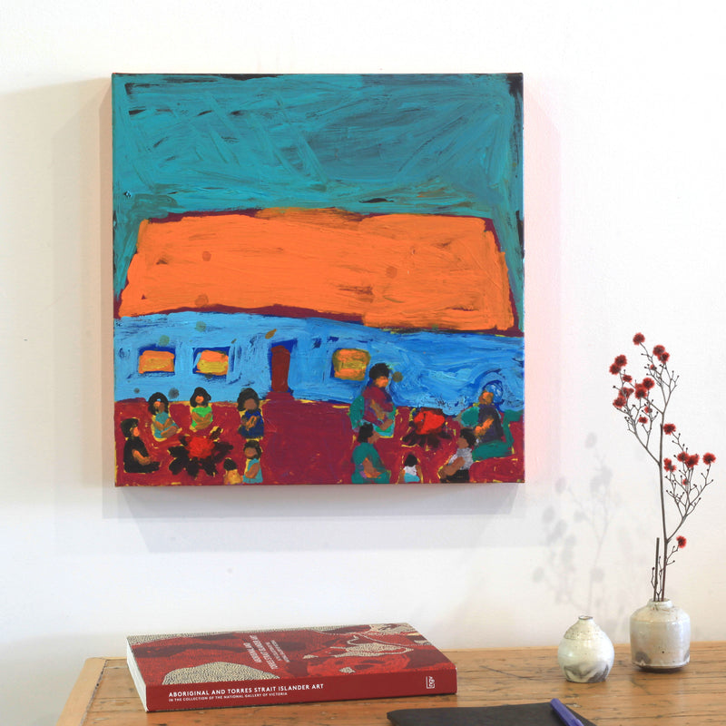Aboriginal Artwork by Sally M Mulda, Abbott's Camp - all the kungkas sitting around the fire, 40x40cm