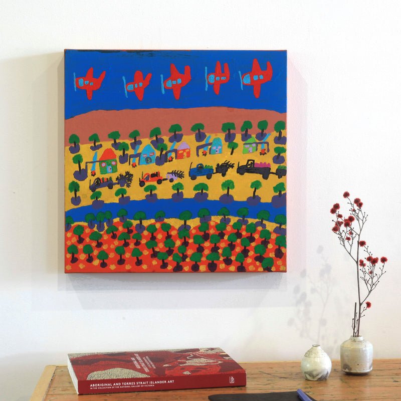 Aboriginal Artwork by Grace Robinya, Five Aeroplanes, 40x40cm