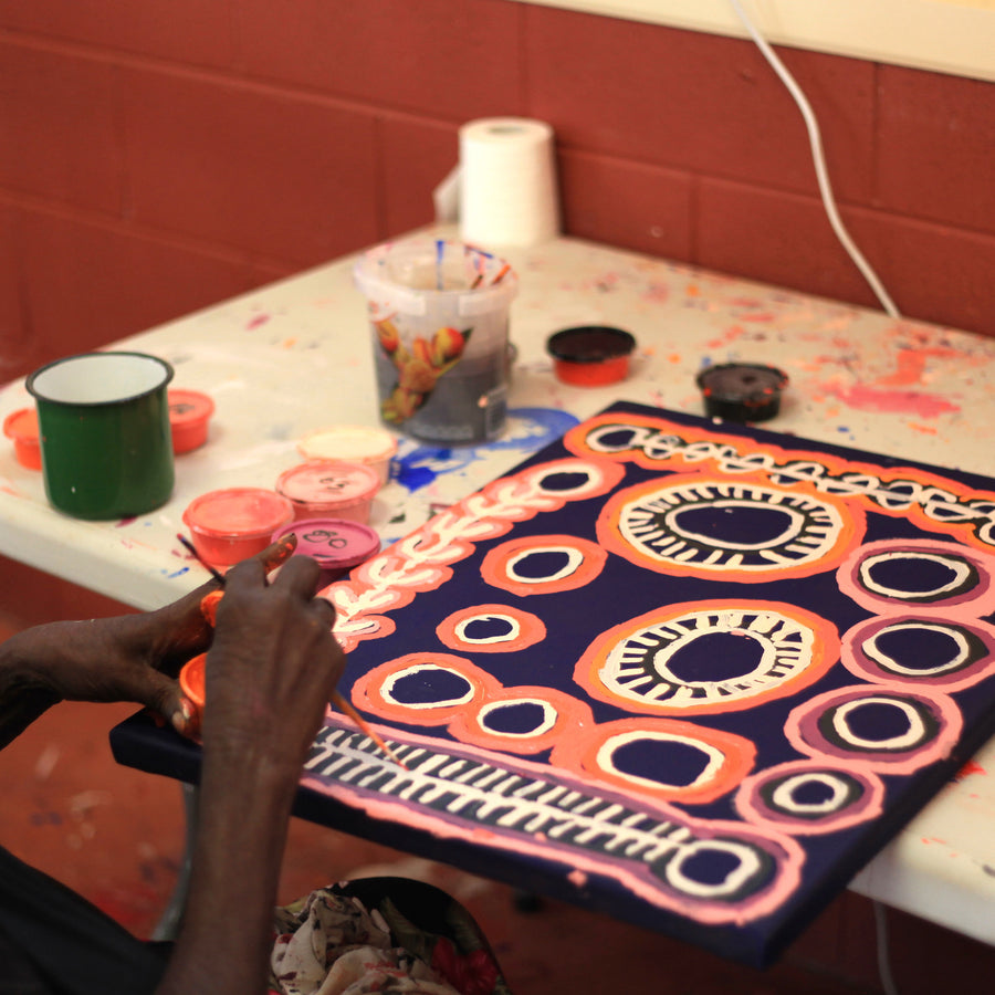 Aboriginal Artwork by Murdie Nampijinpa Morris, Malikijarra Jukurrpa, 61x46cm