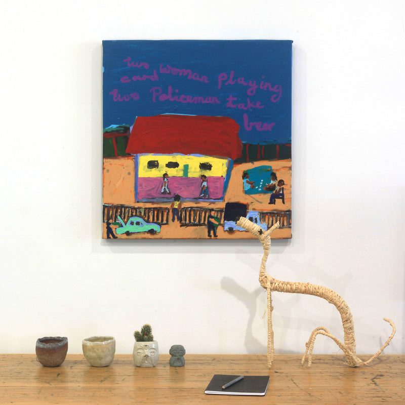 Aboriginal Artwork by Sally M Mulda, Police taking grog at Abbott's Camp, 59x56cm