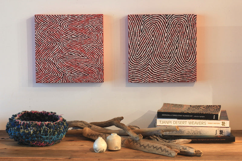 Aboriginal Artwork by Sarah Napurrurla Leo, Lukarrara Jukurrpa, 30x30cm