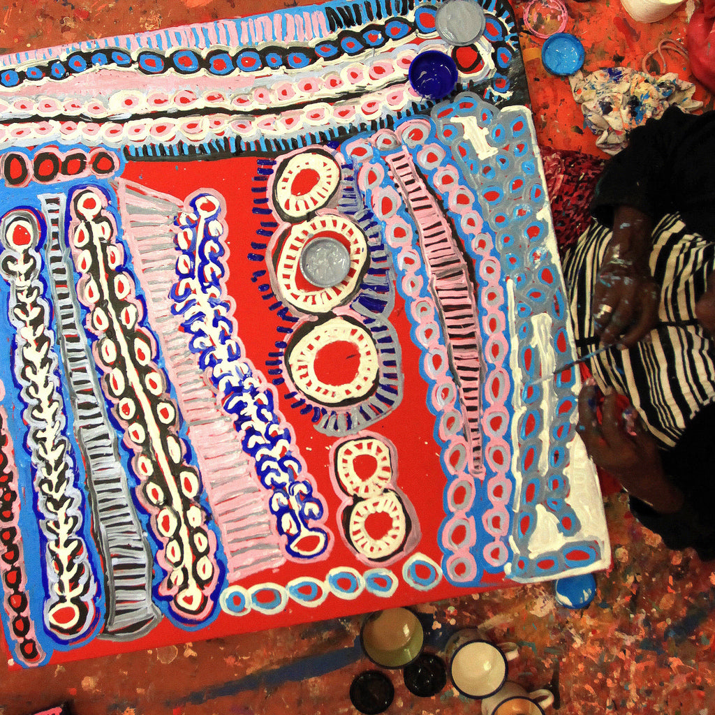 Aboriginal Artwork by Murdie Nampijinpa Morris, Malikijarra Jukurrpa, 91x91cm