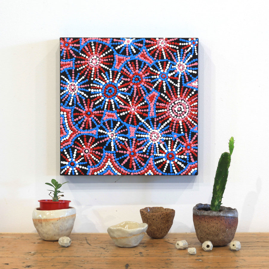 Aboriginal Artwork by Evelyn Nangala Robertson, Ngapa Jukurrpa - Pirlinyarnu, 30x30cm