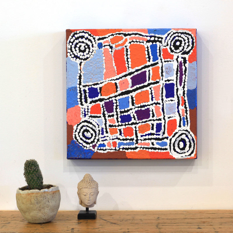 Aboriginal Artwork by Mickey Jampijinpa Singleton, Ngapa Jukurrpa (Water Dreaming) - Puyurru, 30x30cm